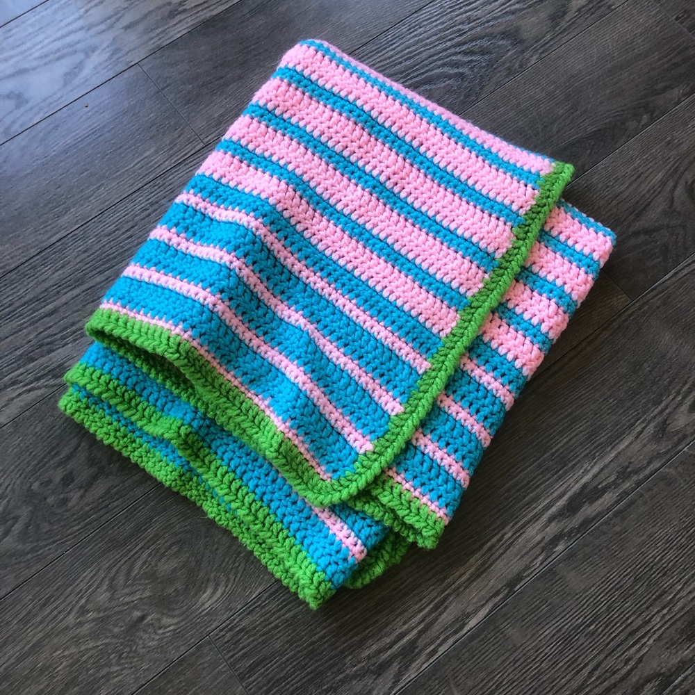 Small Handmade Crotchet Blanket | Pink/Blue/Green